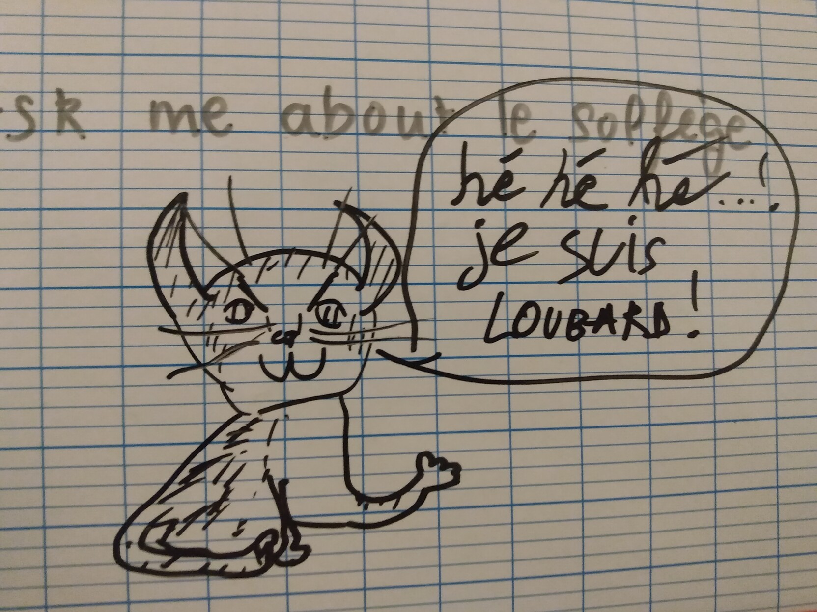 Le méchant chat Loubard est dessiné sur une ardoise et s'exprime ainsi : 